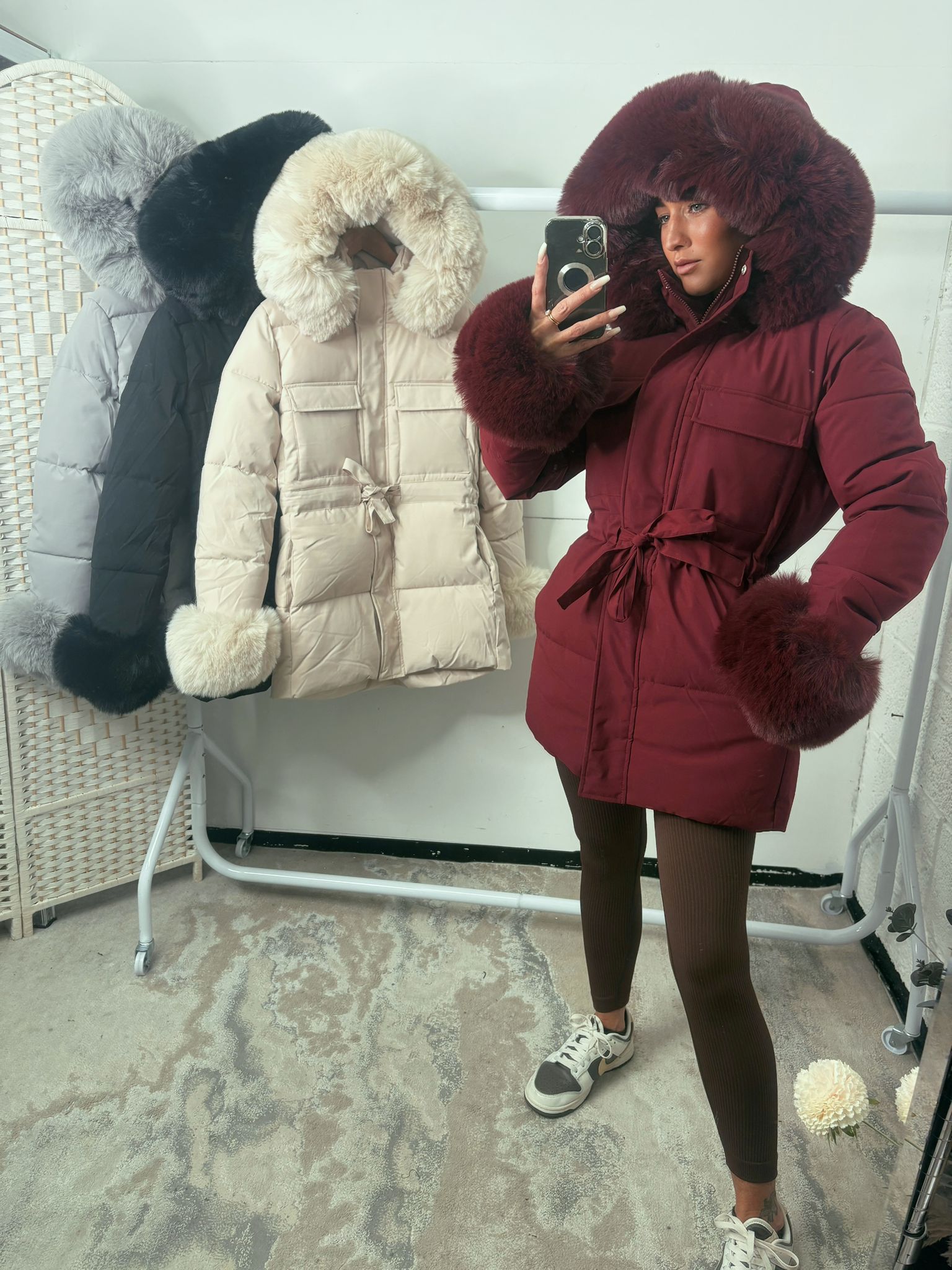 Wine Faux Fur Padded Coats TG142