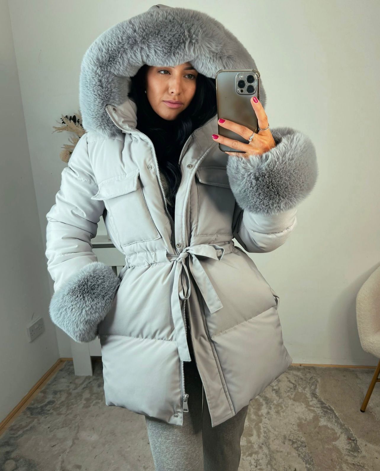 Grey Faux Fur Padded Coats TG142
