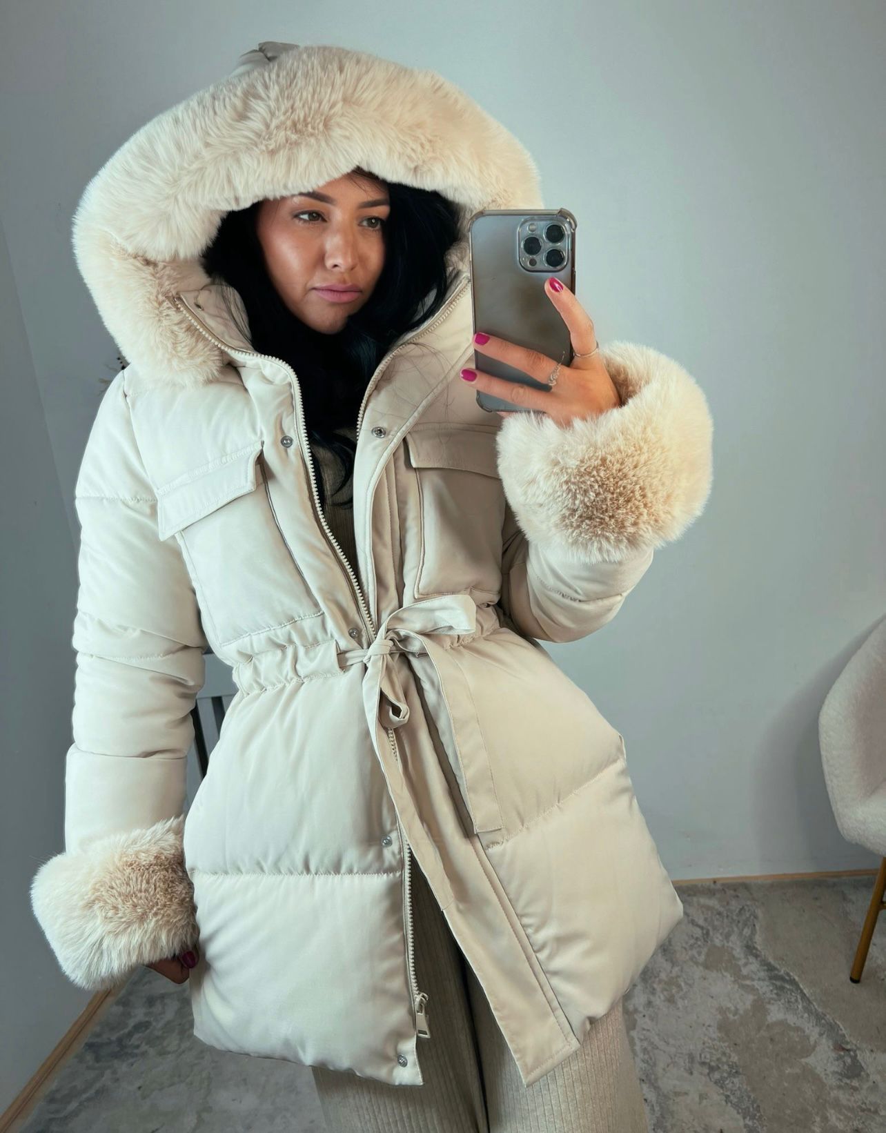 Beige Faux Fur Padded Coats TG142
