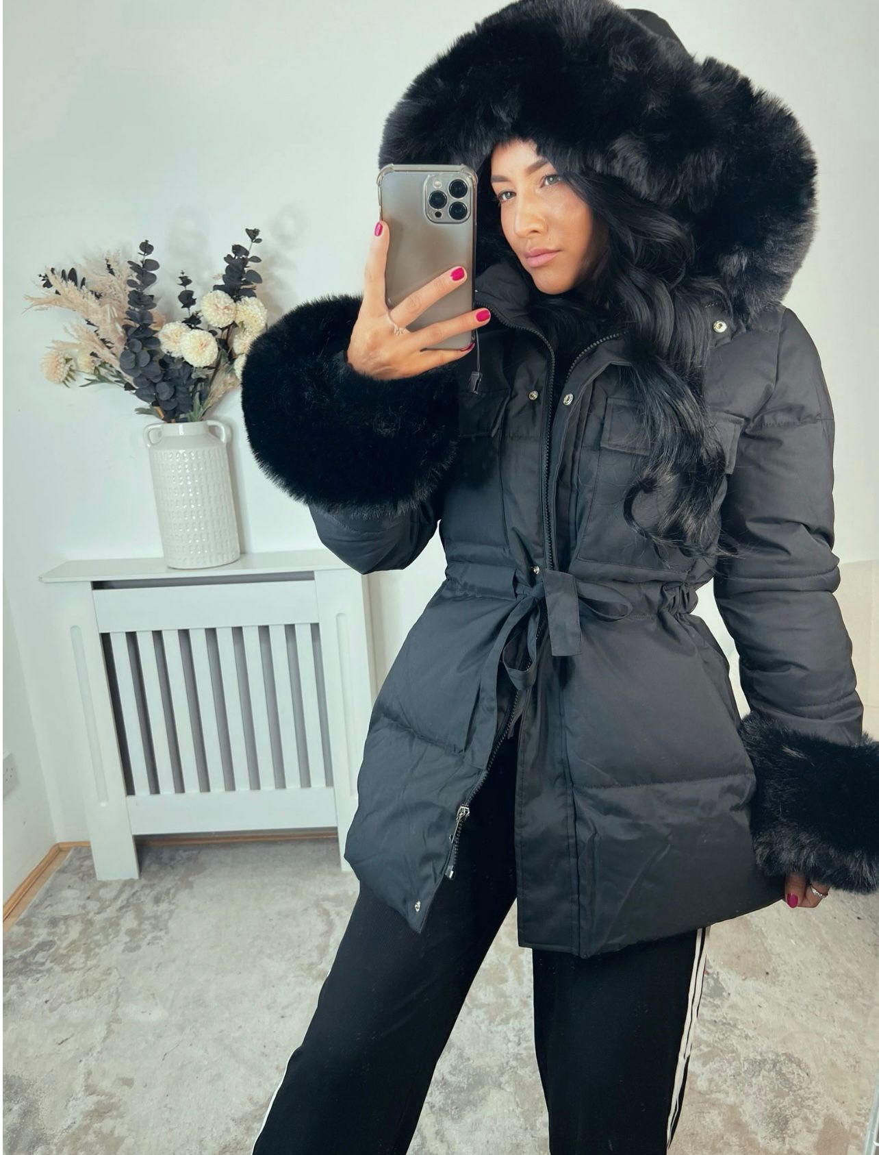 Black Faux Fur Padded Coats TG142